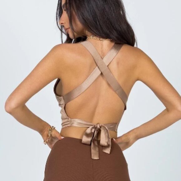 Princess Polly Raelynn Satin Brown Cowl Neck Cross Lace Up Back Halter Crop Top - Picture 3 of 6